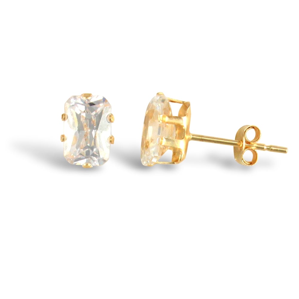 Ladies 9ct Yellow Gold White Rectangular Cubic Zirconia Claw Set Solitaire Stud Earrings, 6x4mm
