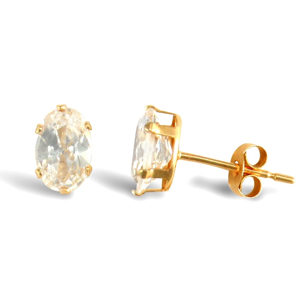 Ladies 9ct Yellow Gold White Oval Cubic Zirconia Claw Set Solitaire Stud Earrings, 6x4mm