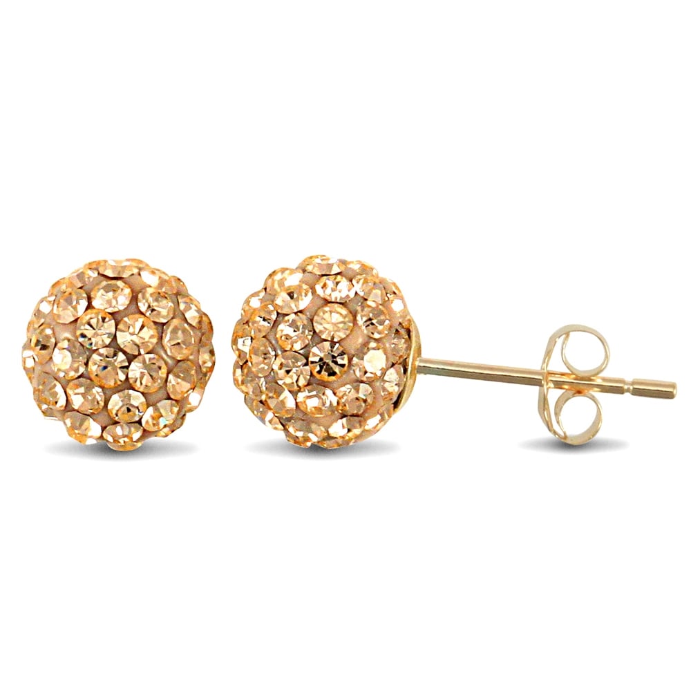 Ladies 9ct Yellow Gold Champagne Peach Round Crystal Disco Ball Stud Earrings, 8mm