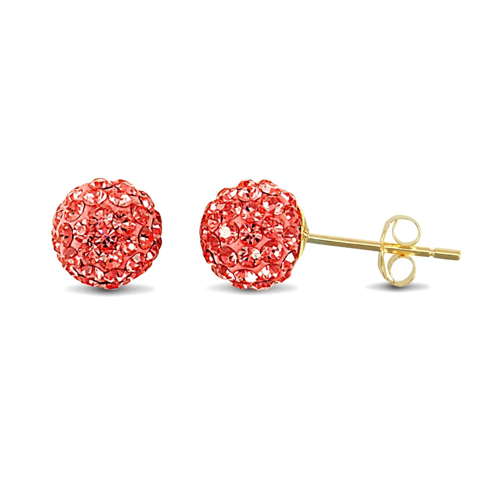 Ladies 9ct Yellow Gold Baby Pink Round Crystal Disco Ball Stud Earrings, 8mm