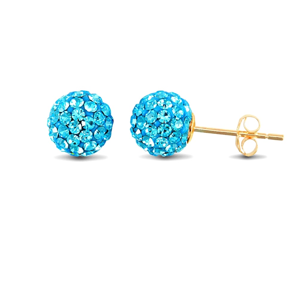 Ladies 9ct Yellow Gold Aqua Blue Round Crystal Disco Ball Stud Earrings, 8mm
