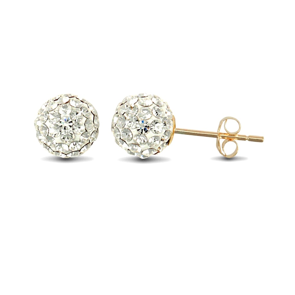 Ladies 9ct Yellow Gold White Round Crystal Disco Ball Stud Earrings, 8mm