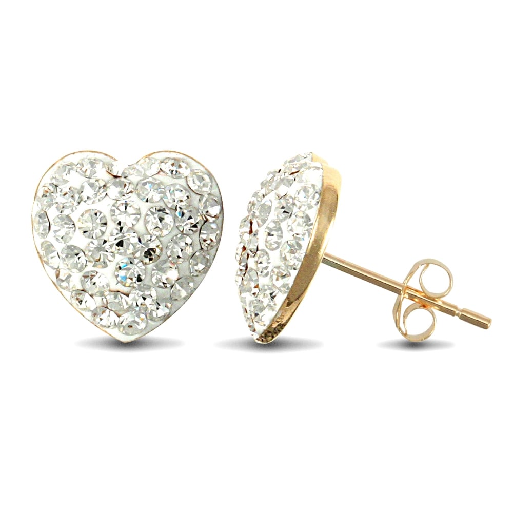 Ladies 9ct Yellow Gold White Round Crystal Disco Love Heart Stud Earrings