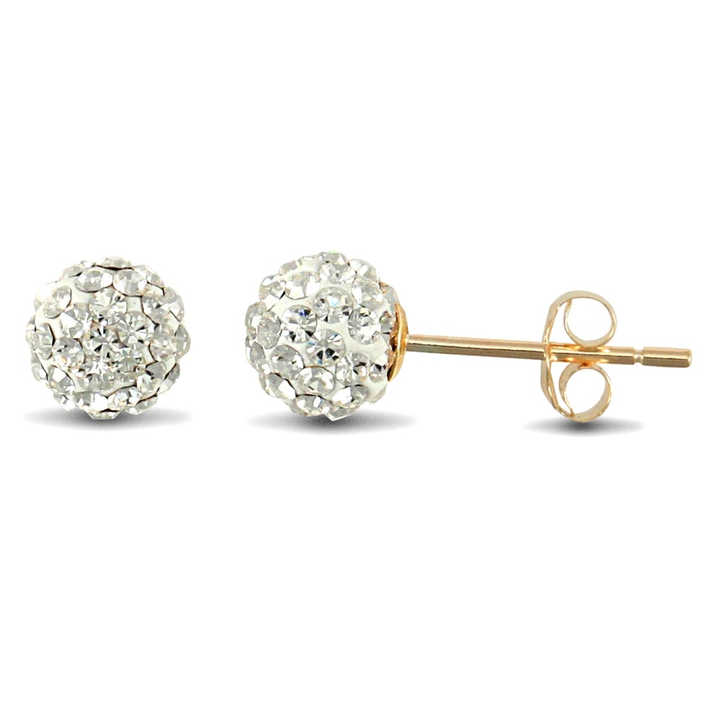 Ladies 9ct Yellow Gold White Round Crystal Disco Ball Stud Earrings, 6mm BF