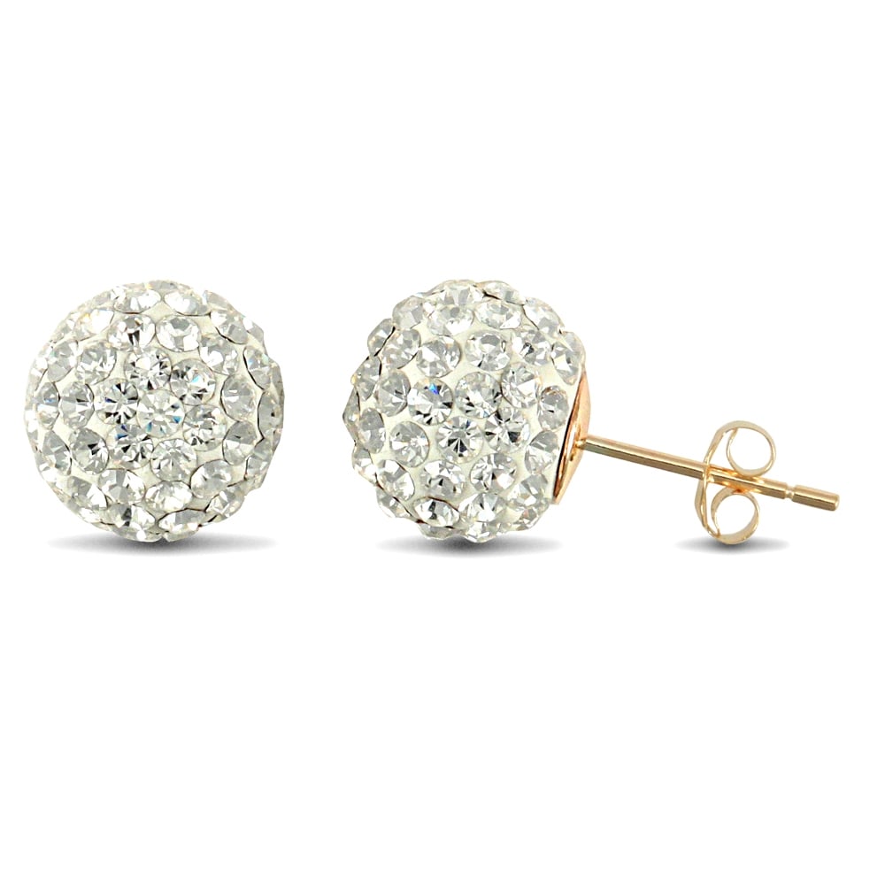 Ladies 9ct Yellow Gold White Round Crystal Disco Ball Stud Earrings, 10mm