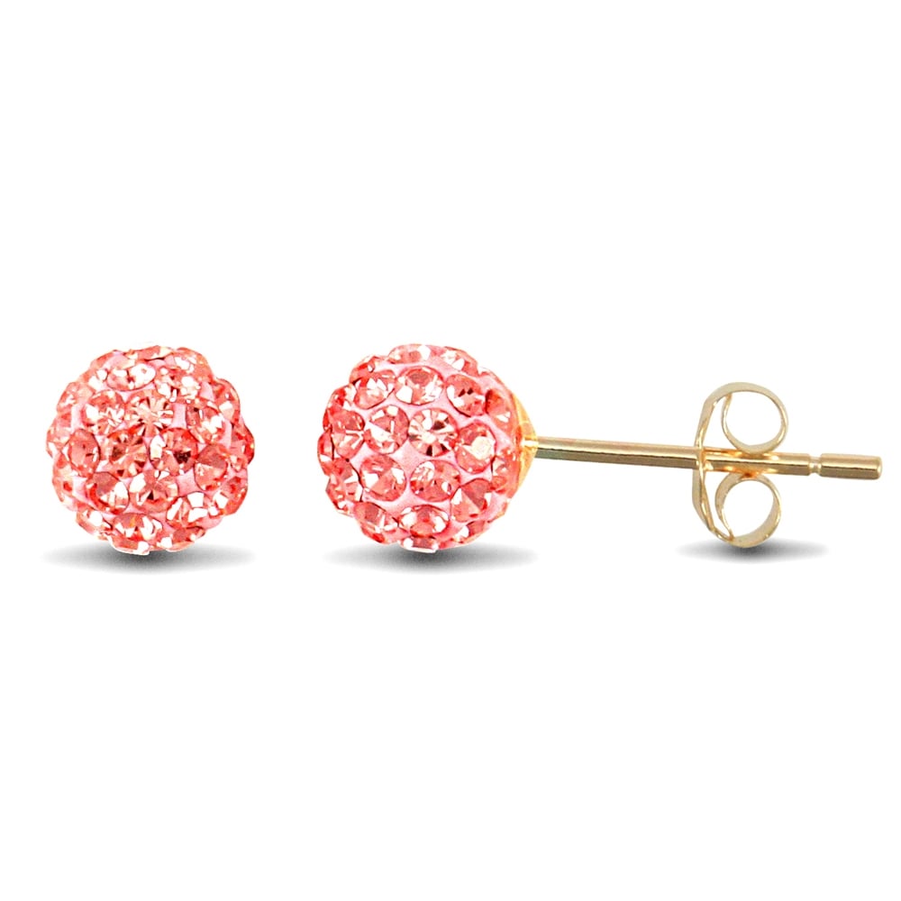 Ladies 9ct Yellow Gold Baby Pink Round Crystal Disco Ball Stud Earrings, 6mm