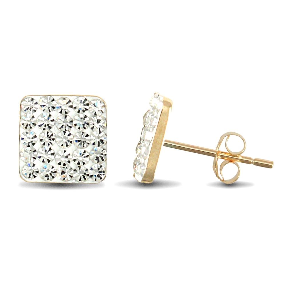 Ladies 9ct Yellow Gold White Round Crystal Disco Square Stud Earrings