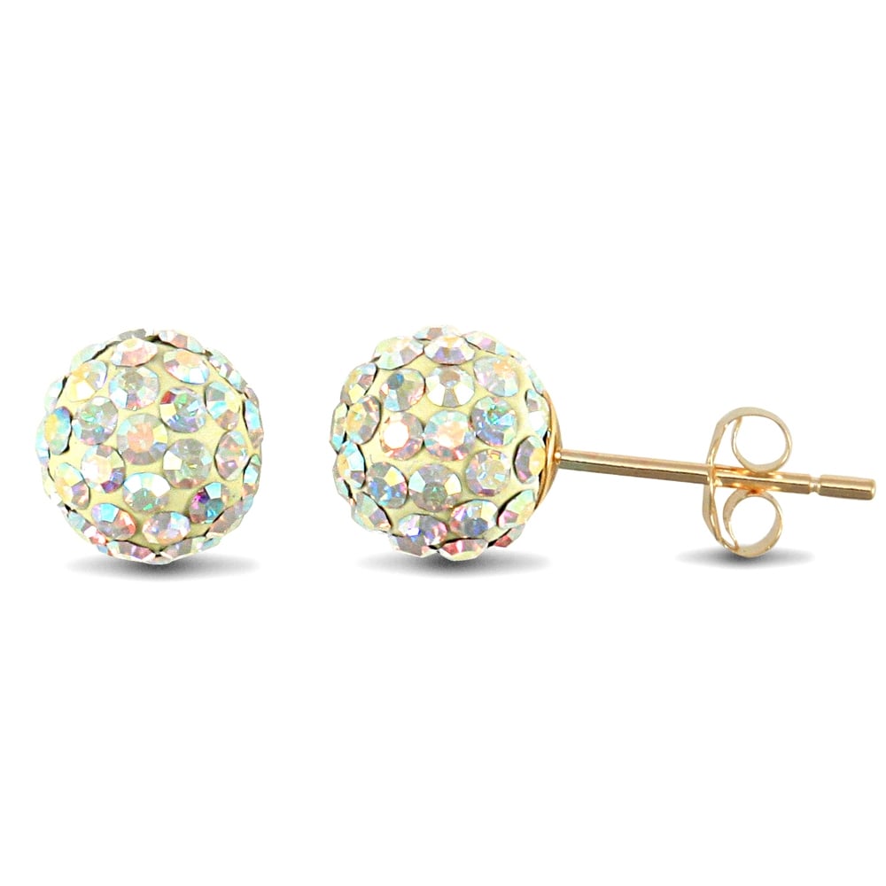 Ladies 9ct Yellow Gold Rainbow Round Crystal Disco Ball Stud Earrings, 8mm