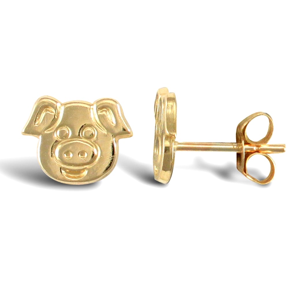 Ladies 9ct Yellow Gold Pig Head Stud Earrings