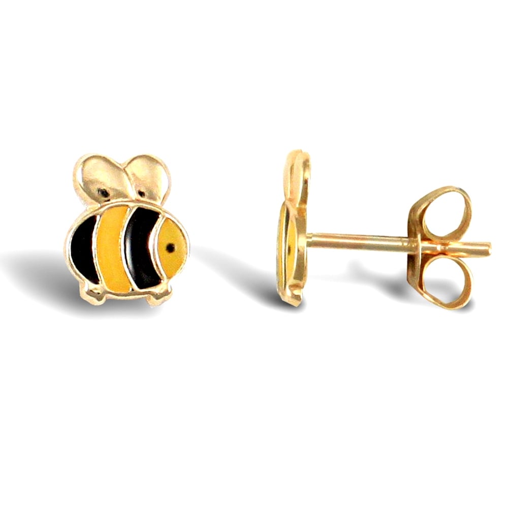 Ladies 9ct Yellow Gold Enamel Bumble Bee Stud Earrings
