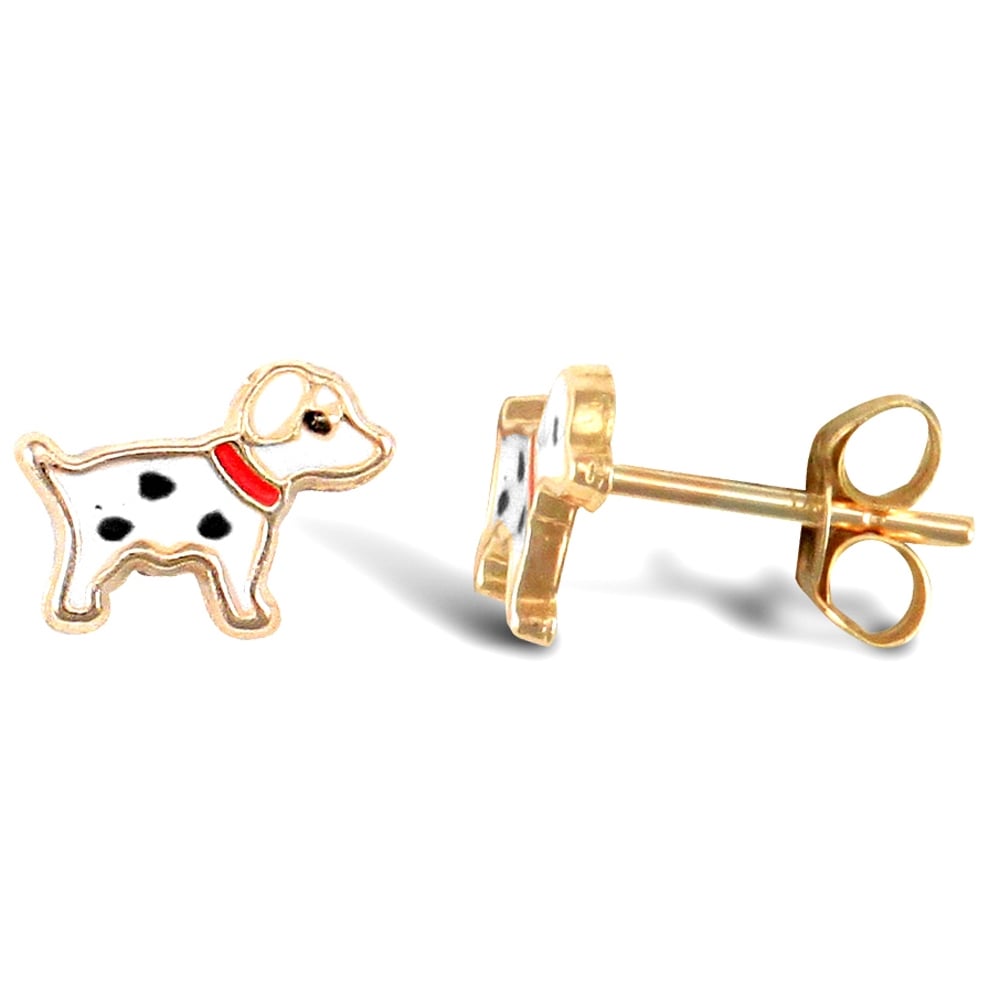 Ladies 9ct Yellow Gold Enamel Dalmatian Dog Stud Earrings