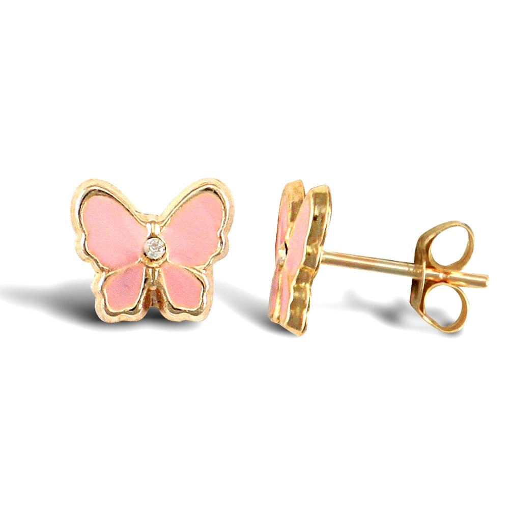 Ladies 9ct Yellow Gold Pink Enamel Butterfly Stud Earrings