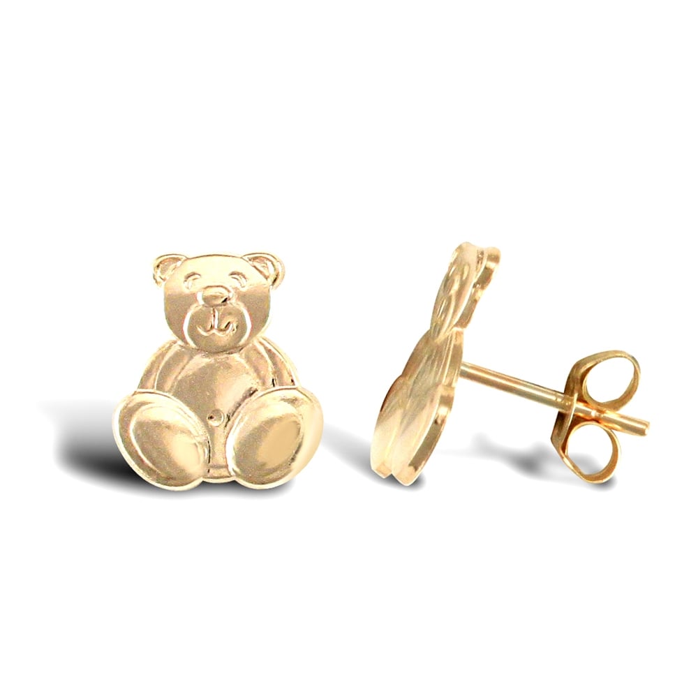 Ladies 9ct Yellow Gold Happy Teddy Bear Stud Earrings