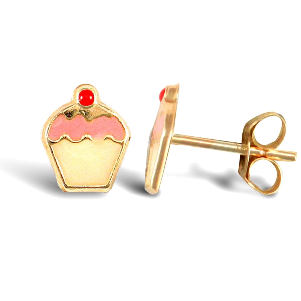 Ladies 9ct Yellow Gold Enamel Cup Cake Stud Earrings