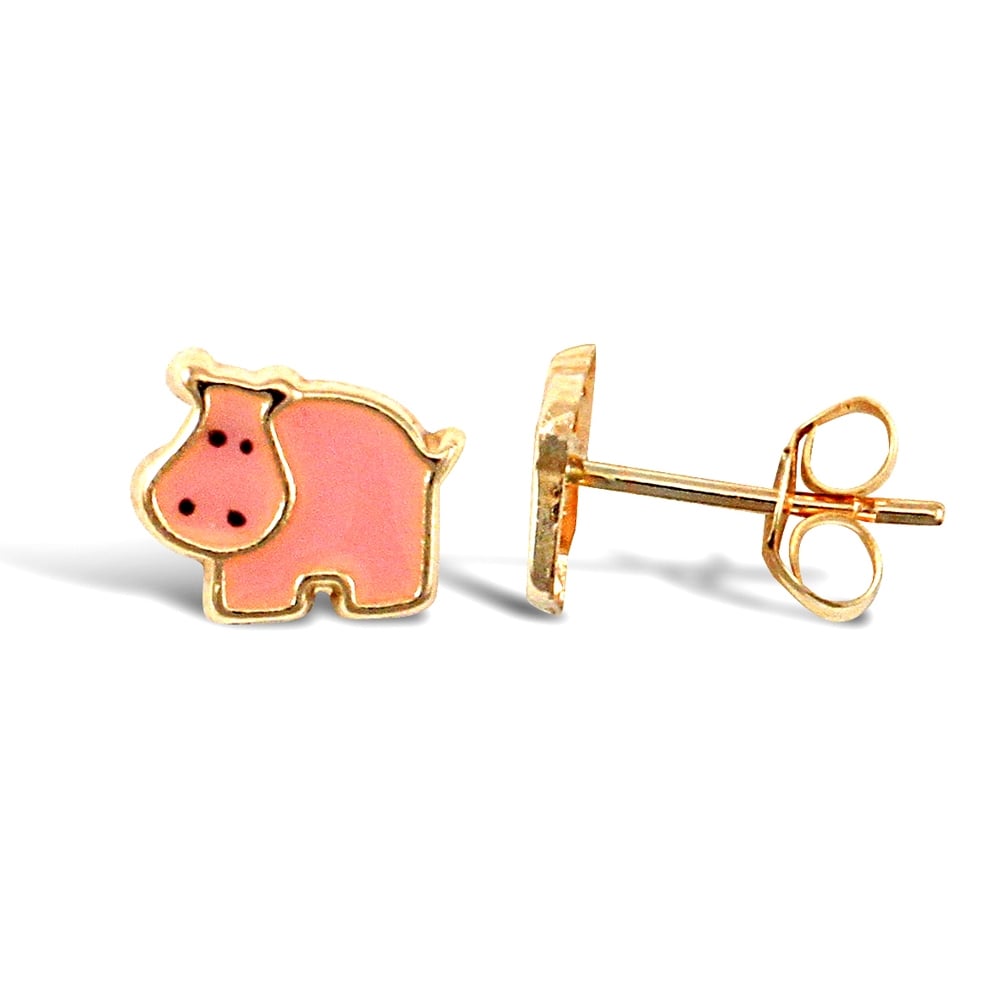 Ladies 9ct Yellow Gold Pink Enamel Hippo Stud Earrings