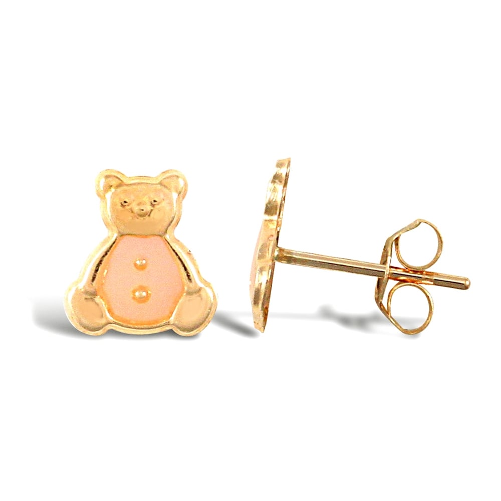 Ladies 9ct Yellow Gold Pink Enamel Teddy Bear Stud Earrings