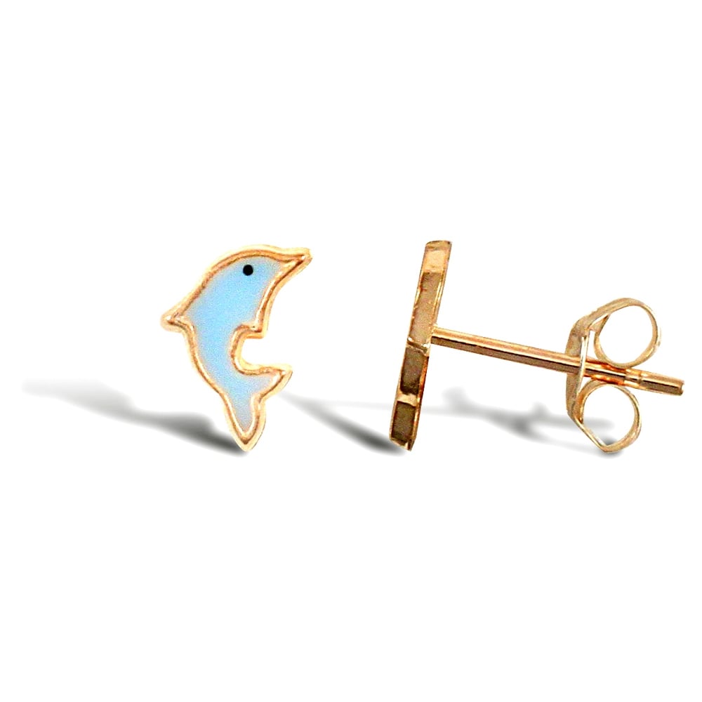 Ladies 9ct Yellow Gold Blue Enamel Dolphin Stud Earrings