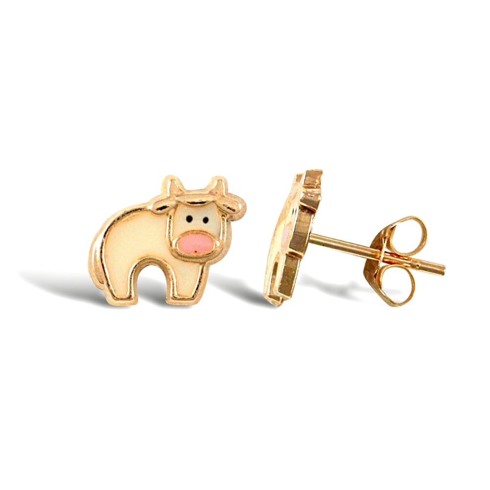 Ladies 9ct Yellow Gold Enamel Cow Stud Earrings