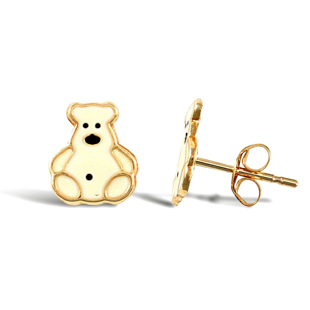Ladies 9ct Yellow Gold White Enamel Polar Bear Stud Earrings