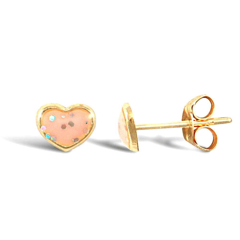 Ladies 9ct Yellow Gold Pink Enamel Love Heart Stud Earrings