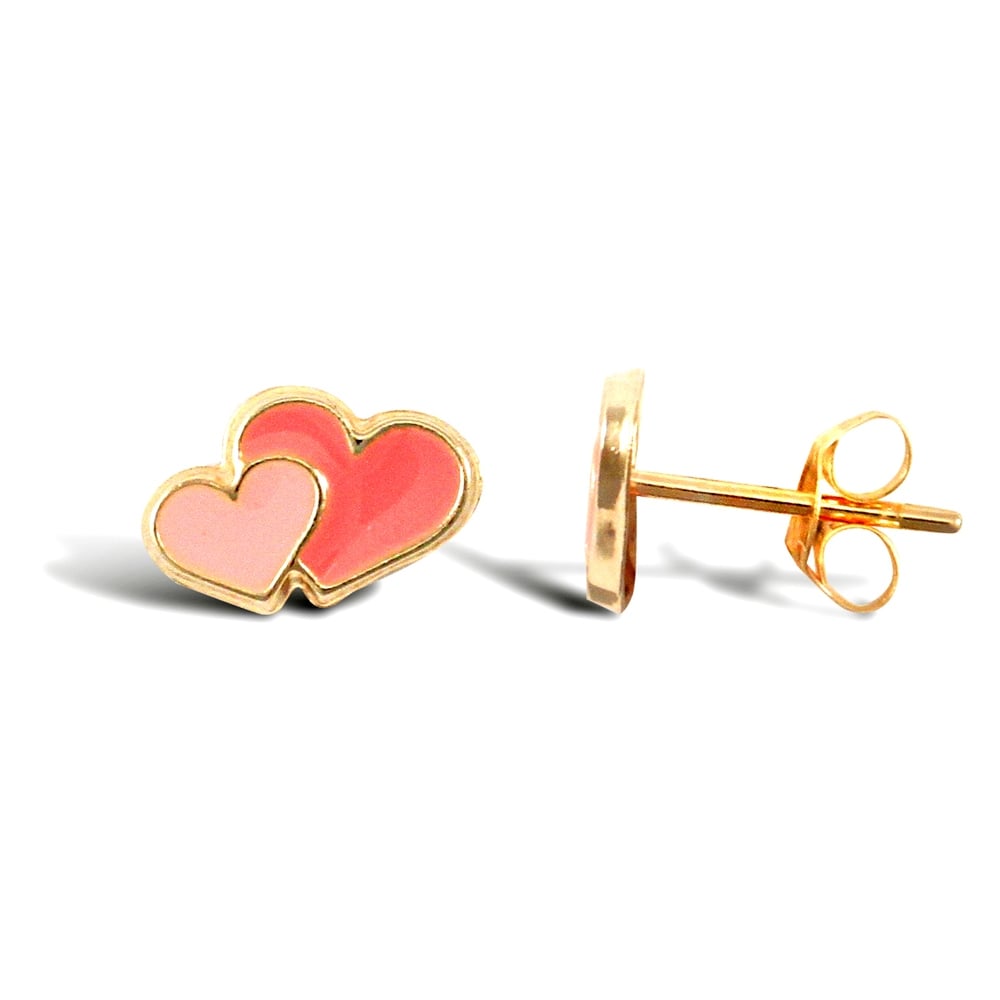 Ladies 9ct Yellow Gold Pink Enamel Love Heart Stud Earrings