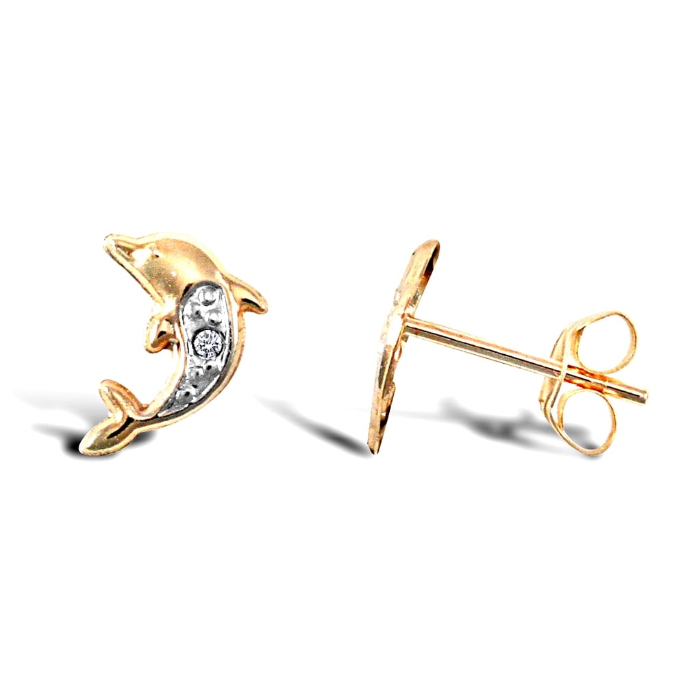Ladies 9ct Yellow Gold White Round Brilliant Cubic Zirconia Solitaire Dolphin Stud Earrings