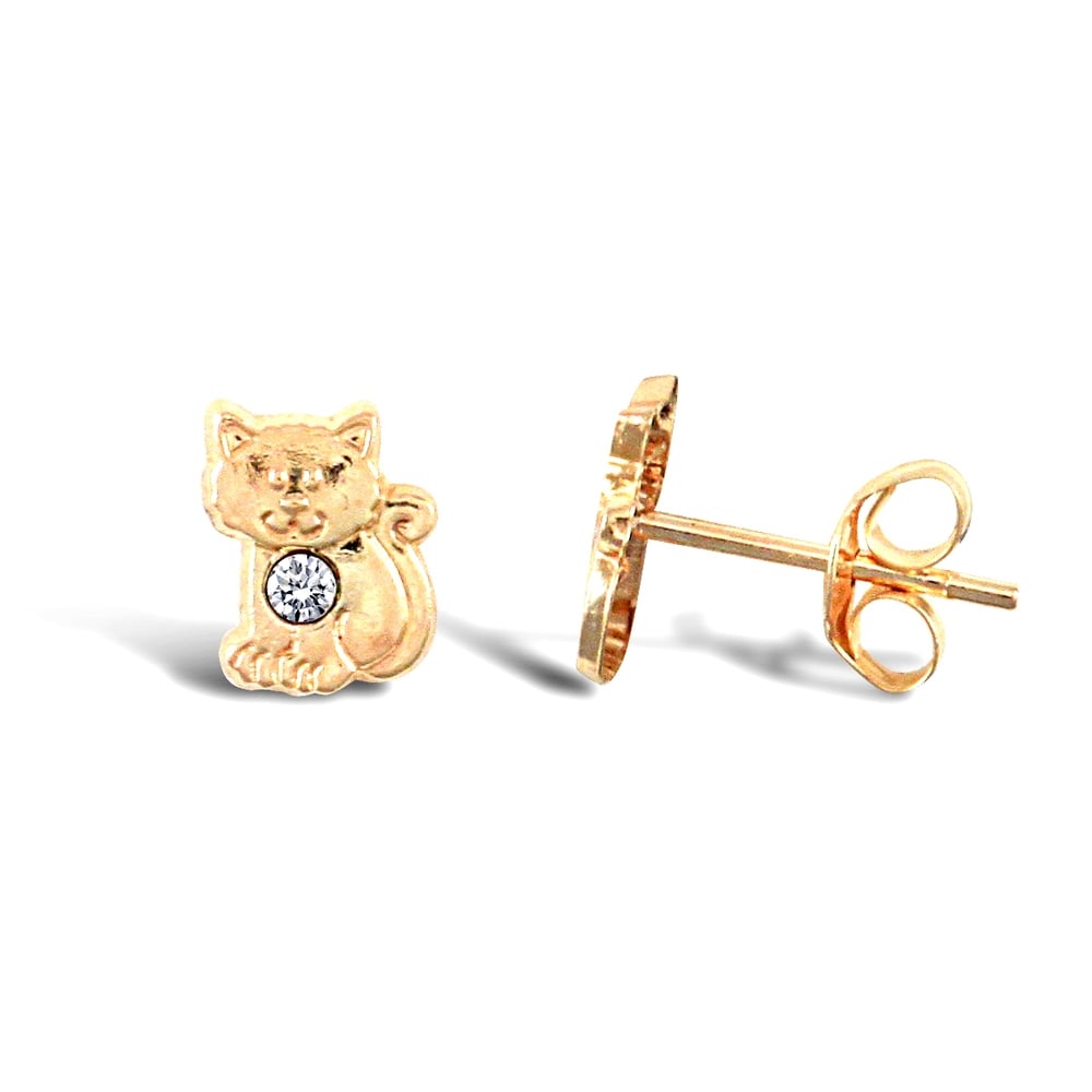 Ladies 9ct Yellow Gold White Round Brilliant Cubic Zirconia Cat Kitten Solitaire Stud Earrings