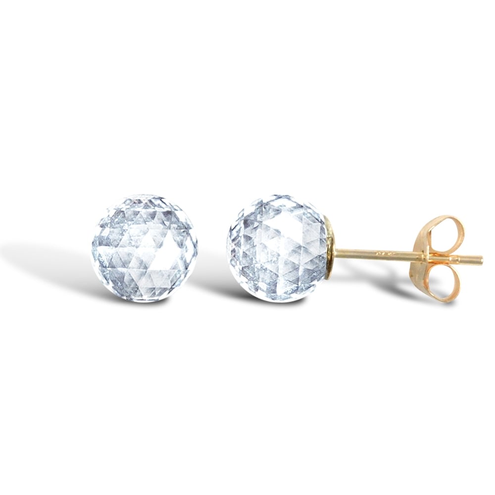 Ladies 9ct Yellow Gold White Round Sphere Crystal Faceted Ball Stud Earrings, 6mm