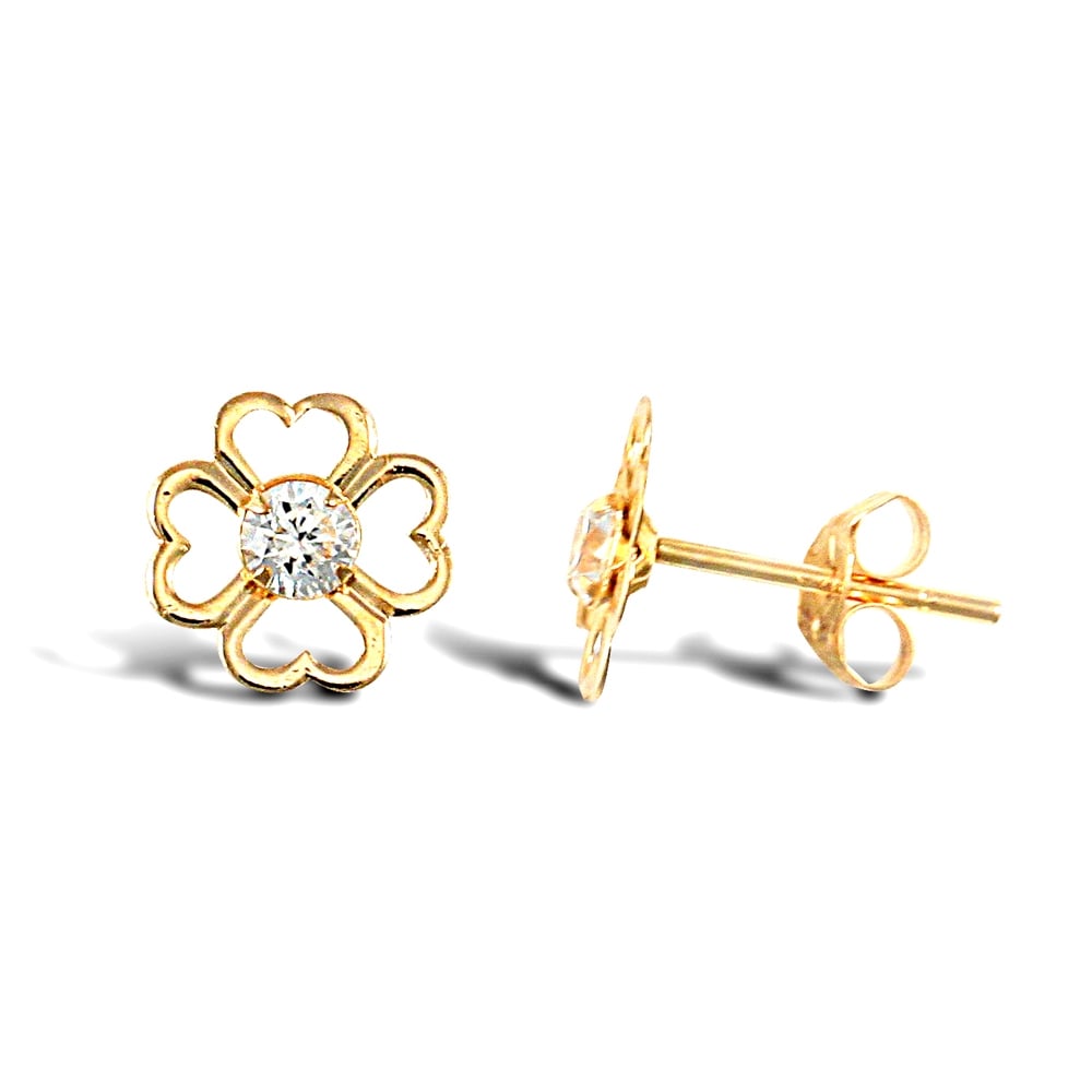 Ladies 9ct Yellow Gold White Round Brilliant Cubic Zirconia Love Heart Flower Petal Stud Earrings