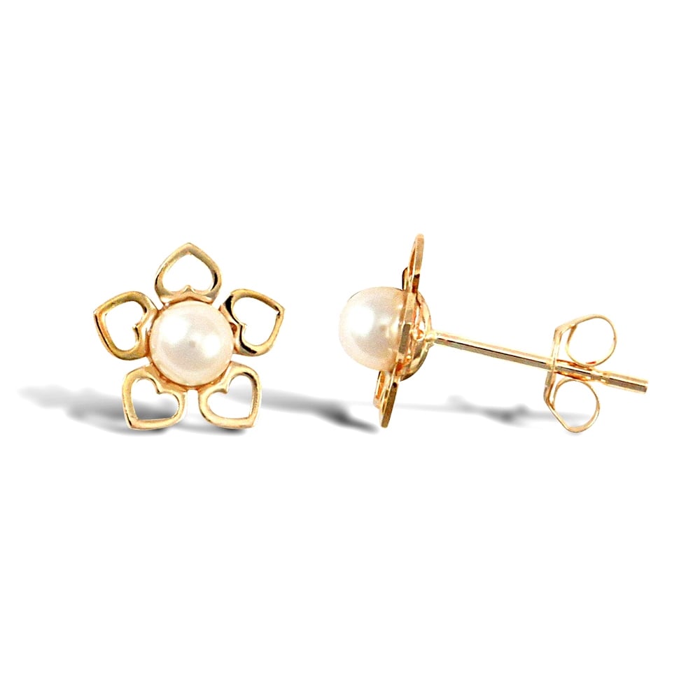 Ladies 9ct Yellow Gold Freshwater Cultured Pearl Flower Stud Earrings 3.5-4mm