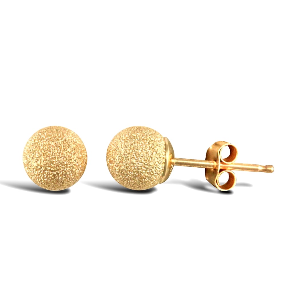 Ladies 9ct Yellow Gold Frosted Ball Bead Stud Earrings, 5mm