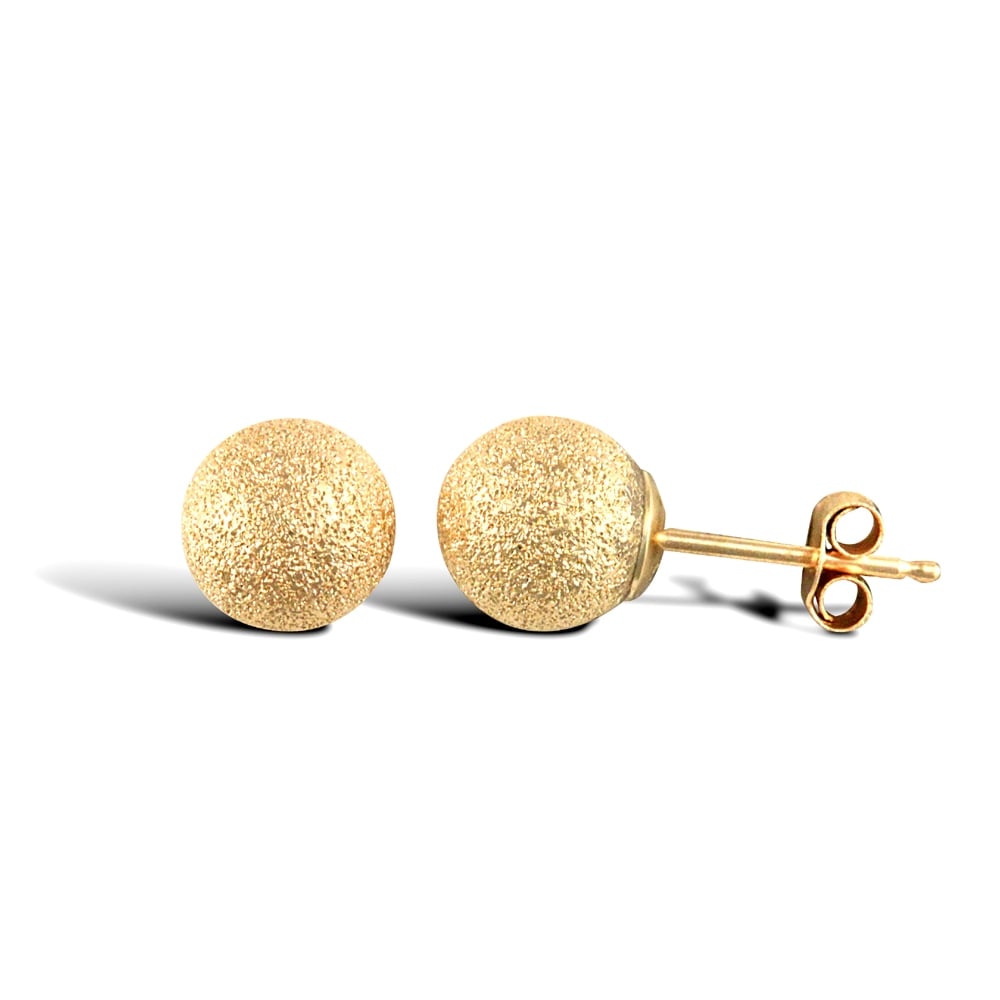 Ladies 9ct Yellow Gold Frosted Ball Bead Stud Earrings, 6mm