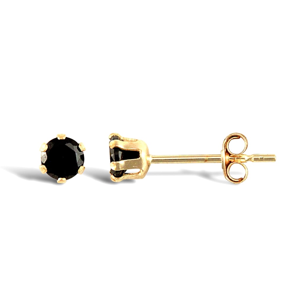 Ladies 9ct Yellow Gold Black Round Brilliant Cubic Zirconia Solitaire Claw Set Stud Earrings, 3mm
