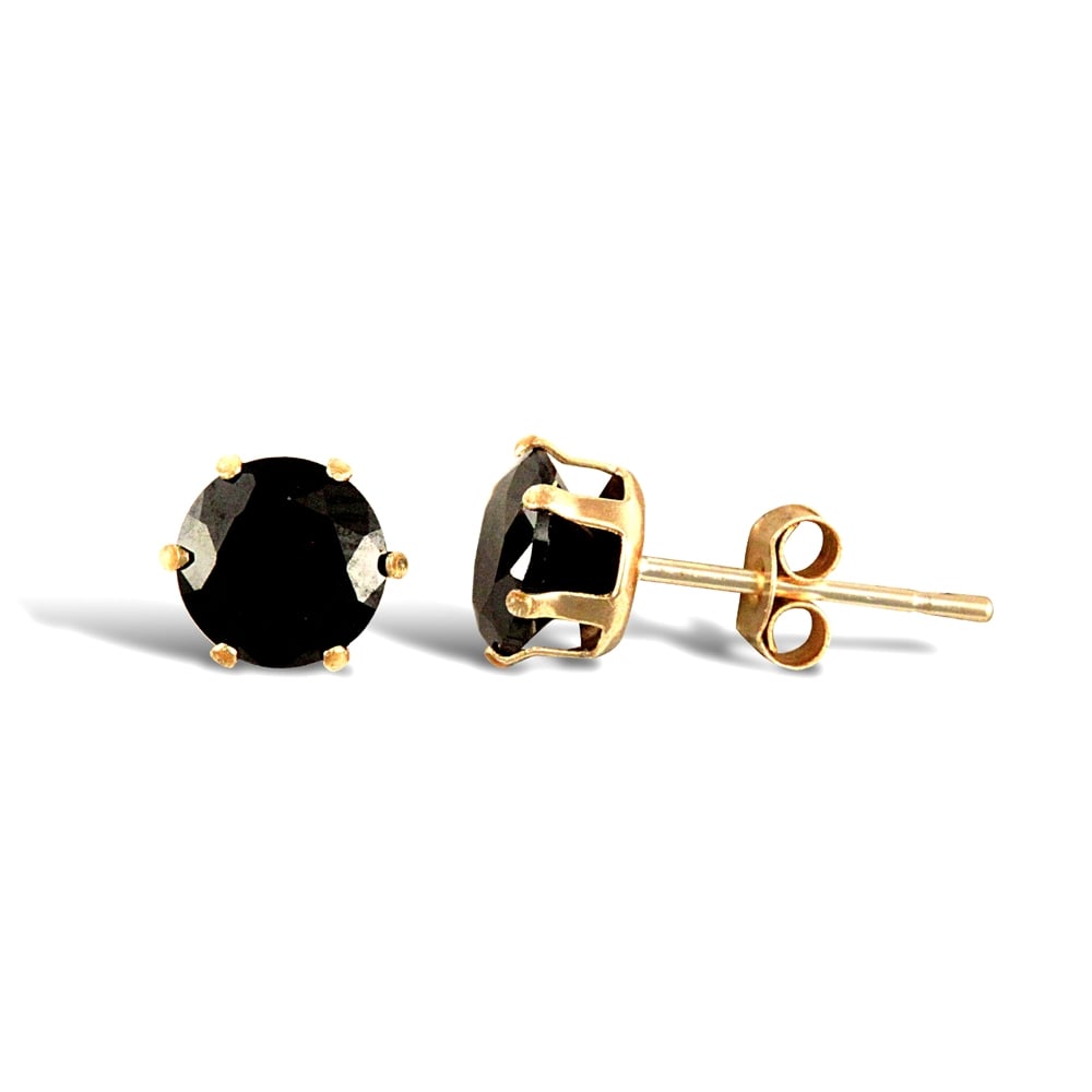 Ladies 9ct Yellow Gold Black Round Brilliant Cubic Zirconia Solitaire Claw Set Stud Earrings, 5mm