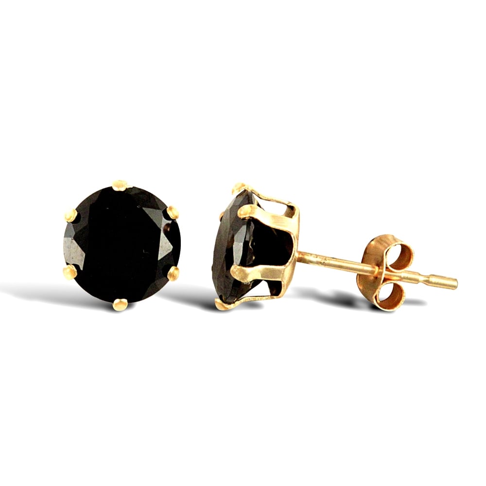 Ladies 9ct Yellow Gold Black Round Brilliant Cubic Zirconia Solitaire Claw Set Stud Earrings, 6mm