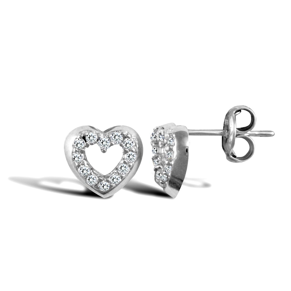 Ladies 9ct White Gold White Round Brilliant Cubic Zirconia Love Heart Stud Earrings