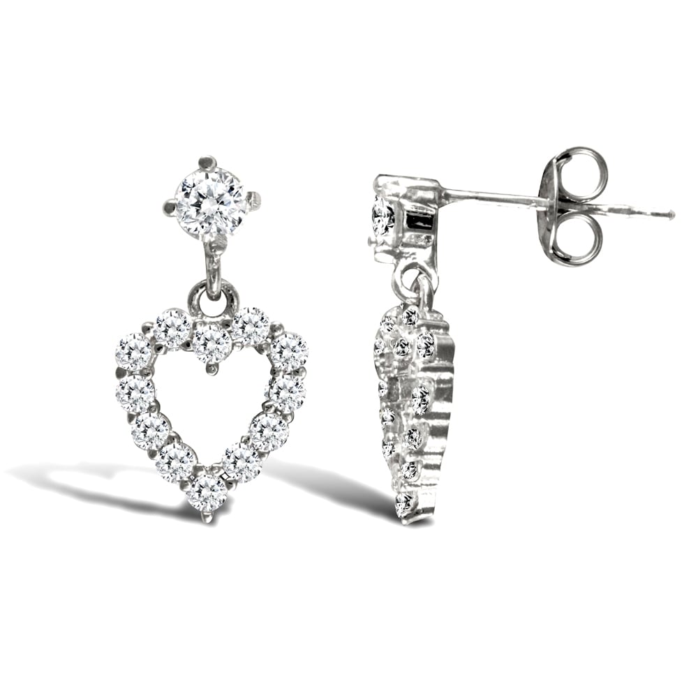 Ladies 9ct White Gold White Round Brilliant Cubic Zirconia Love Heart Stud Drop Earrings