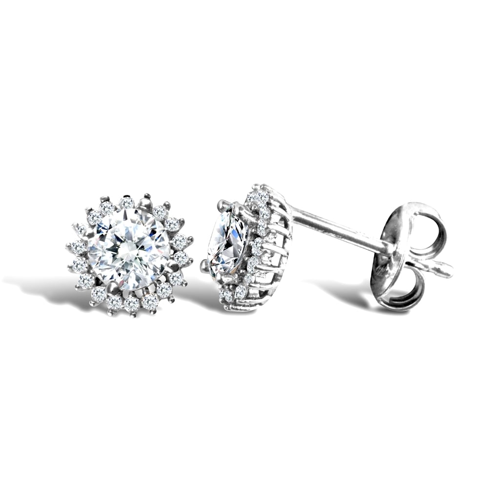 Ladies 9ct White Gold White Round Brilliant Cubic Zirconia Round Cluster Stud Earrings