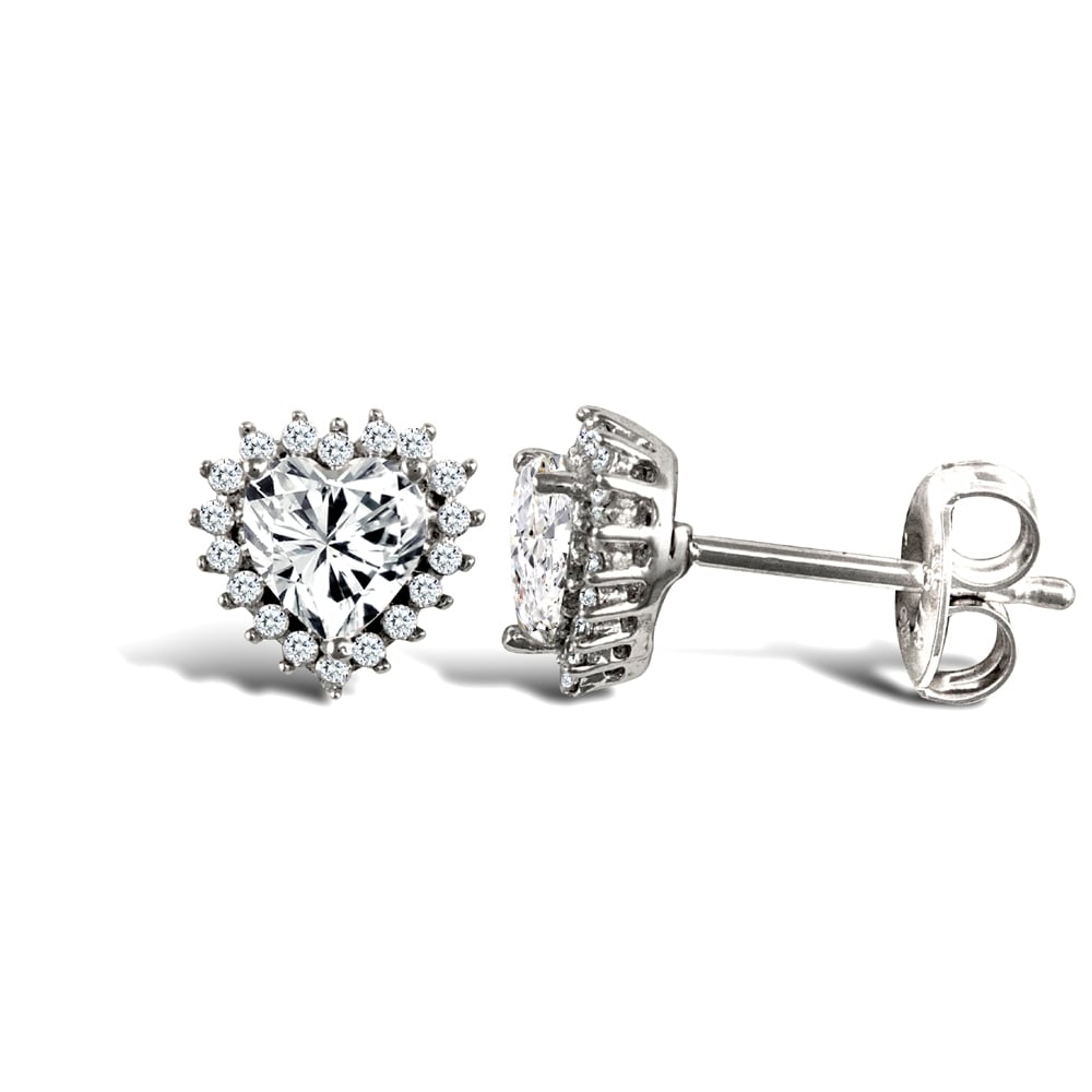 Ladies 9ct White Gold White Round Brilliant Cubic Zirconia Love Heart Cluster Stud Earrings
