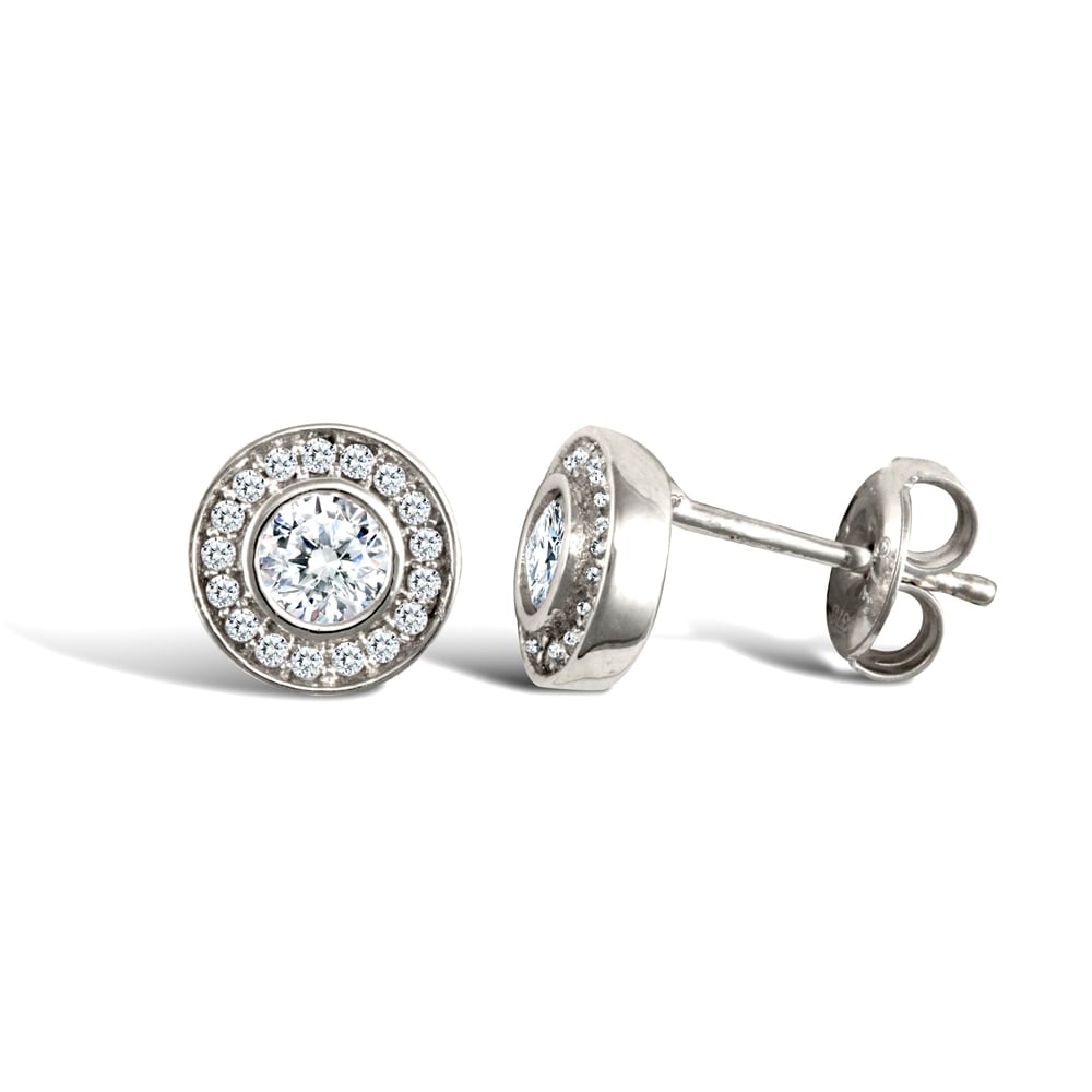Ladies 9ct White Gold White Round Brilliant Cubic Zirconia Round Halo Stud Earrings