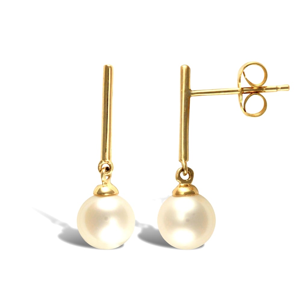 Ladies 9ct Yellow Gold Seawater Cultured Akoya Pearl Bar Stud Drop Earrings 6.5-7mm