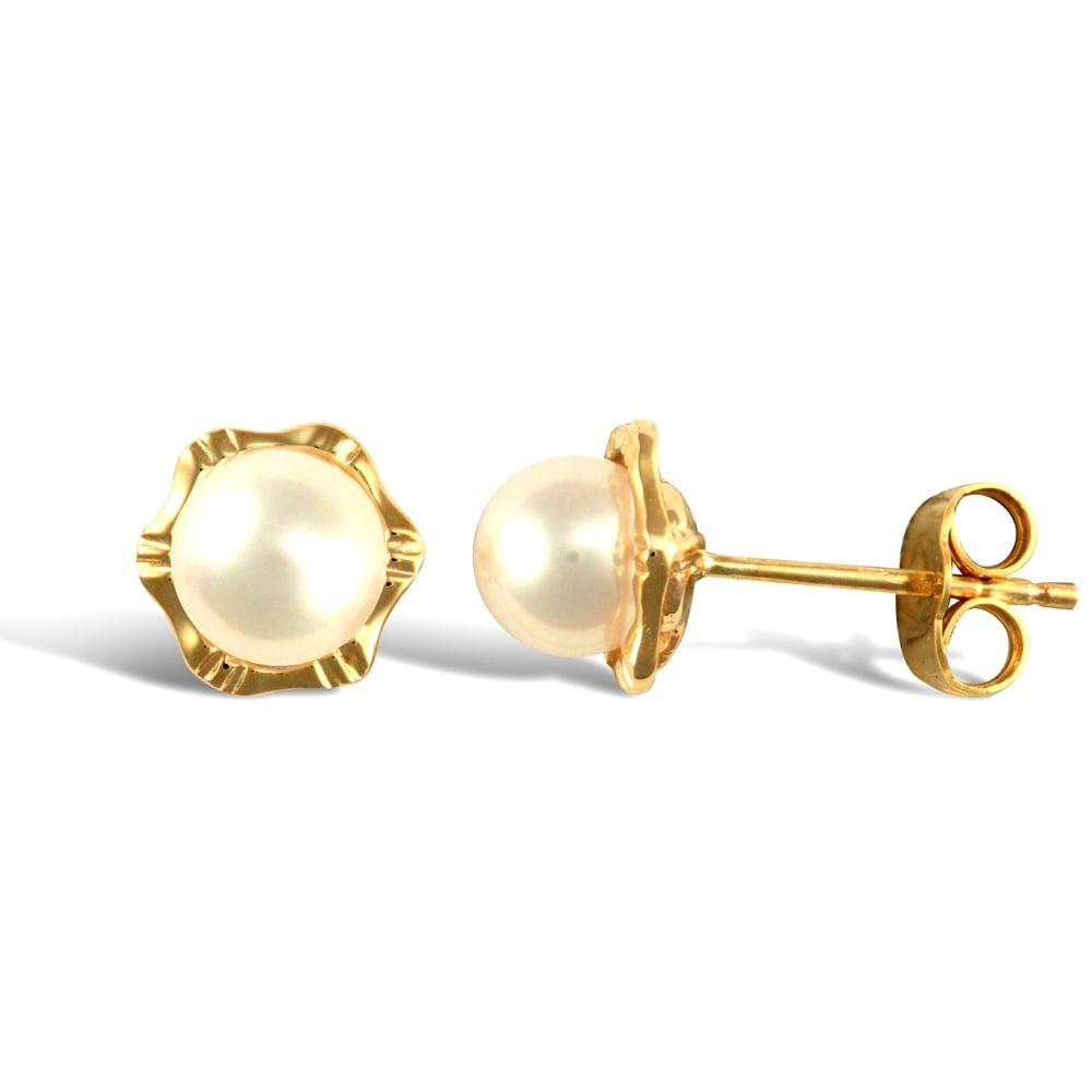 Ladies 9ct Yellow Gold Seawater Cultured Akoya Pearl Flower Stud Earrings 5.5-6mm