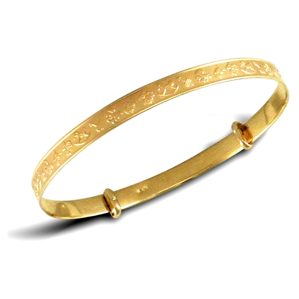 Baby Solid 9ct Yellow Gold Nursey Rhymes Pattern 2.5mm Expanding Bangle Bracelet