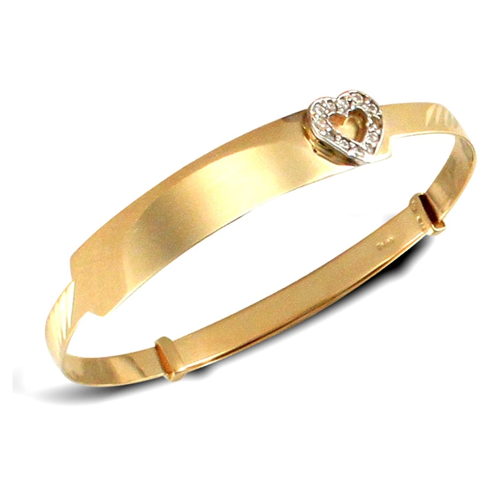 Kids Solid 9ct Yellow Gold White Round Brilliant Cubic Zirconia Heart ID 3mm Expanding Bangle Bracelet