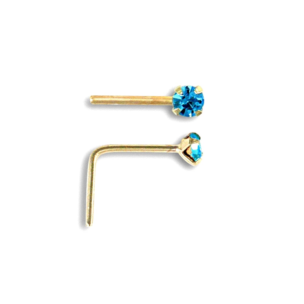 Ladies Solid 9ct Yellow Gold Light Blue Round Cubic Zirconia Solitaire Claw Set Nose Stud