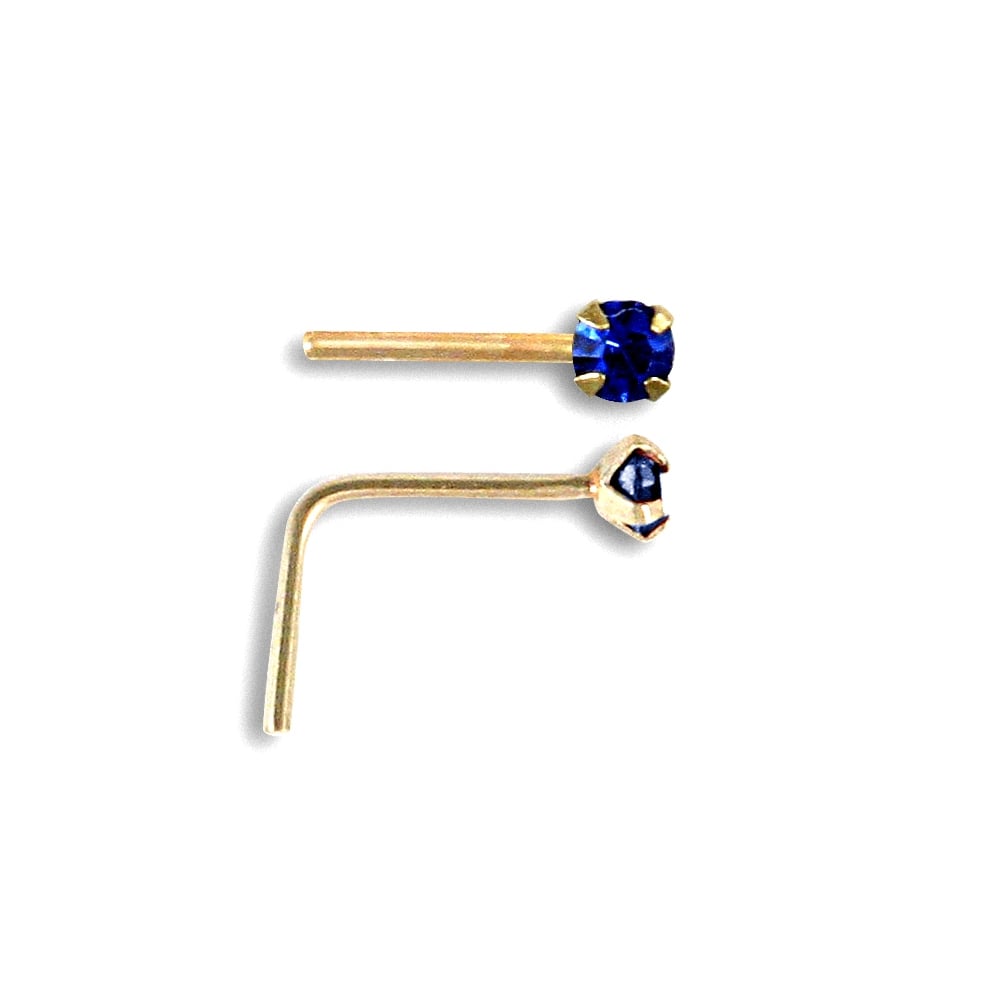 Ladies Solid 9ct Yellow Gold Dark Blue Round Cubic Zirconia Solitaire Claw Set Nose Stud