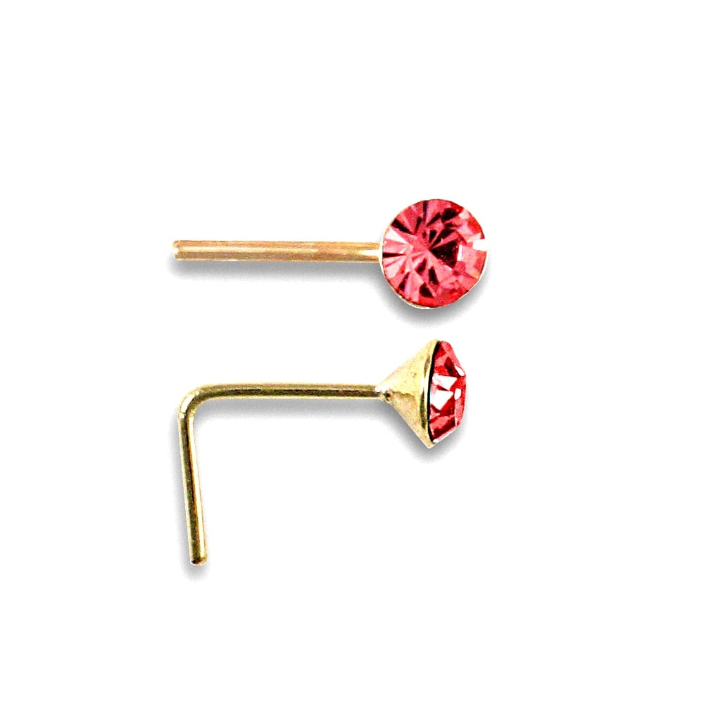 Ladies Solid 9ct Yellow Gold Pink Round Cubic Zirconia Solitaire Nose Stud