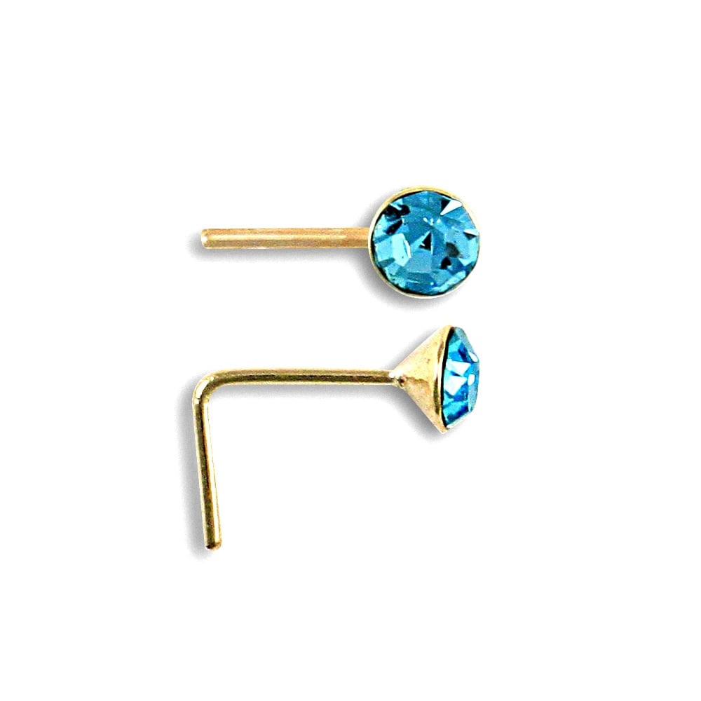 Ladies Solid 9ct Yellow Gold Light Blue Round Cubic Zirconia Solitaire Nose Stud