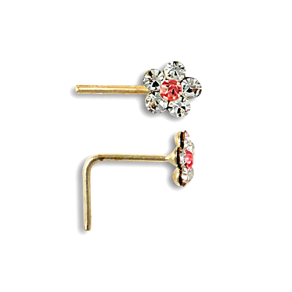 Ladies Solid 9ct Yellow Gold Pink and White Round Cubic Zirconia Daisy Flower Nose Stud