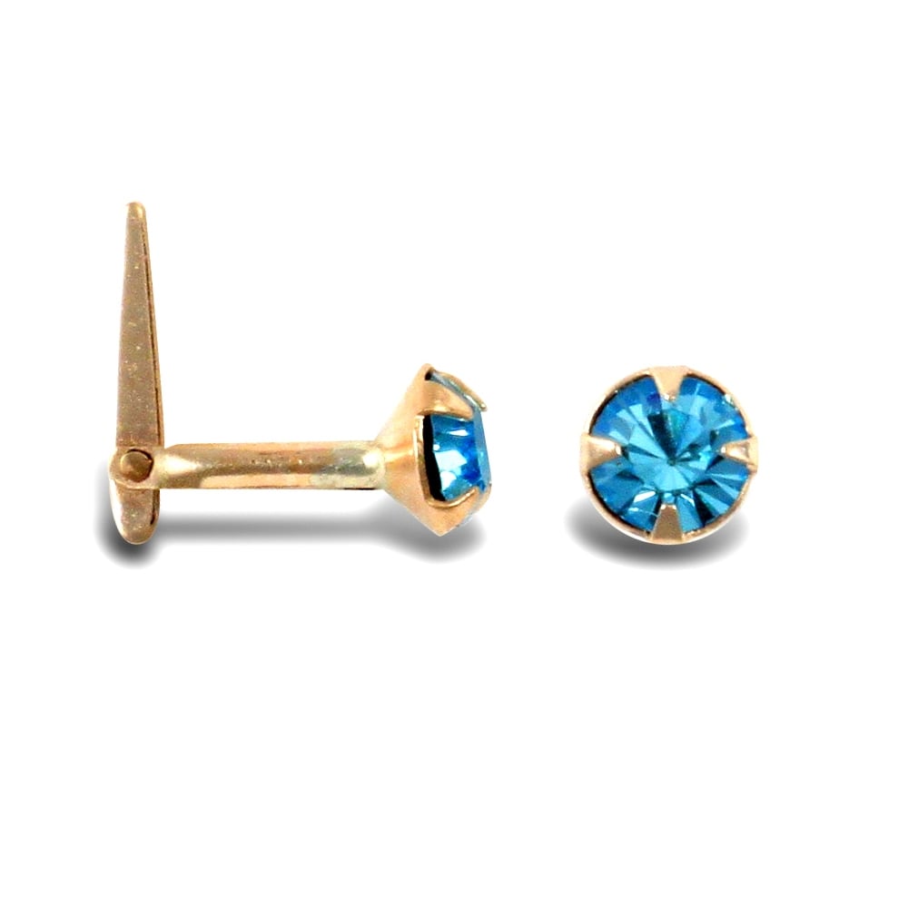 Ladies 9ct Yellow Gold Light Blue Round Cubic Zirconia Solitaire Claw Set Nose Stud